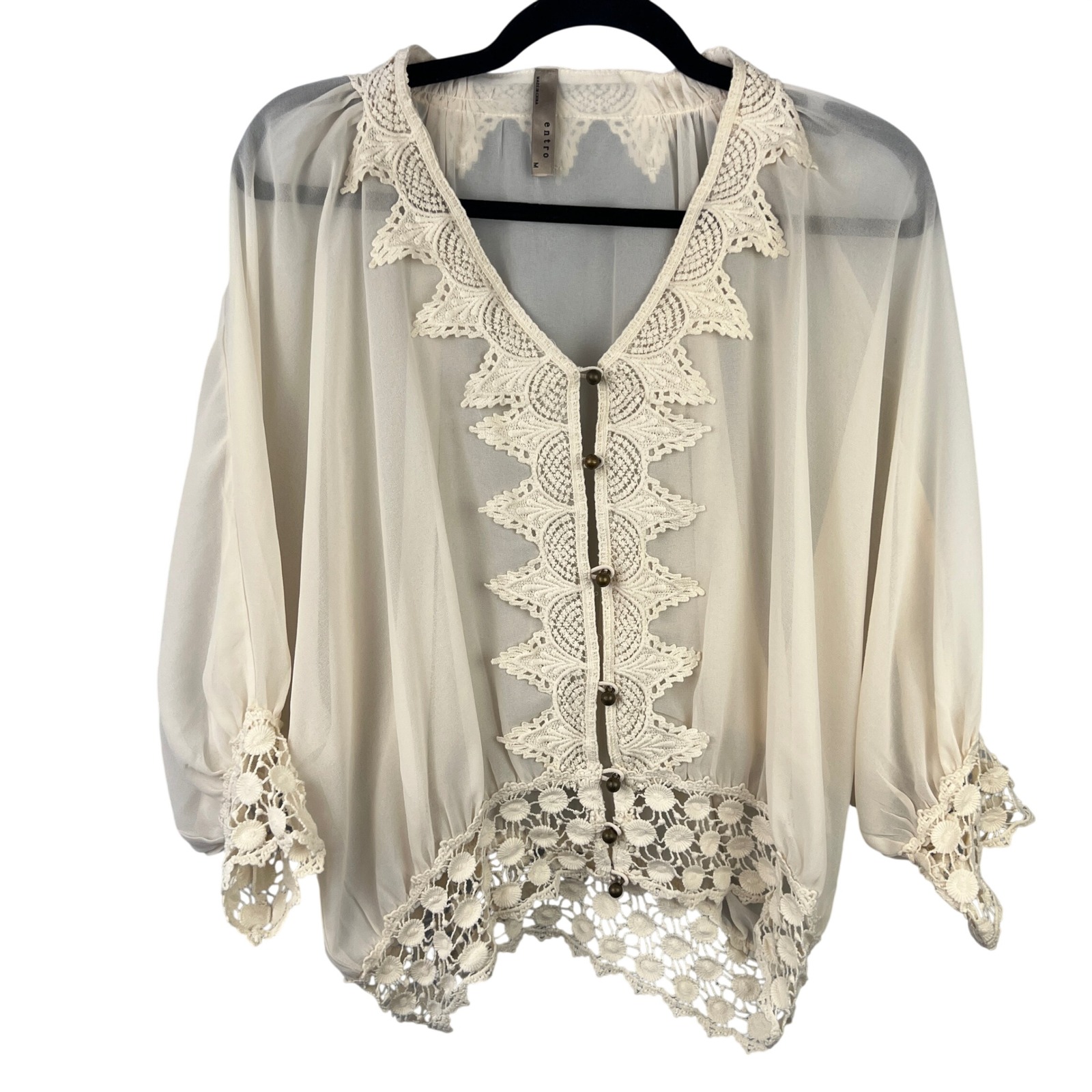 Sheer Lace Cream Blouse Sz M Dolman Sleeve Metal Buttons Fairycore Boho Ethereal